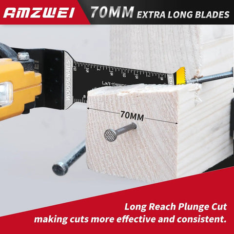 Extended Reach Titanium Oscillating Tool Blades For Metal And Wood Cutting With 70 Mm Deep Plunge Design, shown cutting through wood with a nail.