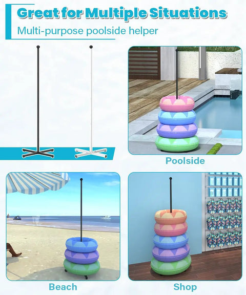 Sturdy Metal Pool Float Rack Organizer for poolside storage and beach, holds 5-6 swim rings, black, 64 inch tall, adjustable height