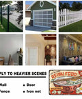 Image showing usage scenarios for 'Kickin Retro Ramen Metal Sign Wall Decor' on walls, doors, fences, and more.