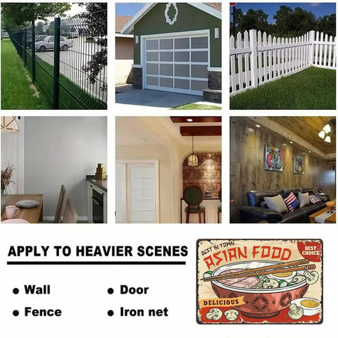 Image showing usage scenarios for 'Kickin Retro Ramen Metal Sign Wall Decor' on walls, doors, fences, and more.
