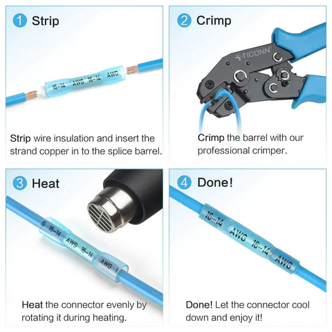 Heavy Duty Heat Shrink Butt Connectors Crimp Wire Connectors Kit Featuring Tight Tinned Copper Barrels For Zero Short Circuit Risk Smooth Current Flow And Rock Solid Power Connection Daily steps for crimping wire connectors.