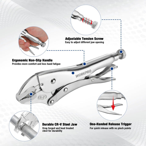 5 Piece Locking Pliers Set With Chrome-Vanadium Steel, Curved Jaw Vice Grips And Long Nose Pliers features and details