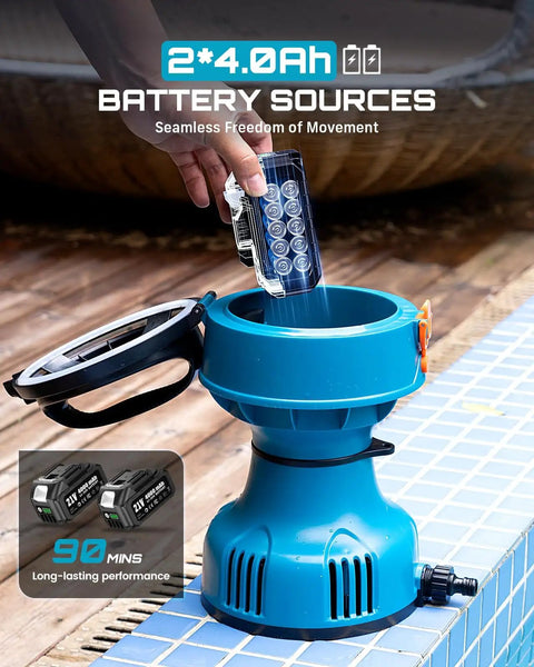 Floating Battery Powered Water Transfer Pump 720 GPH Cordless With Two 4000mAh Batteries And Charger shown with battery inserted.