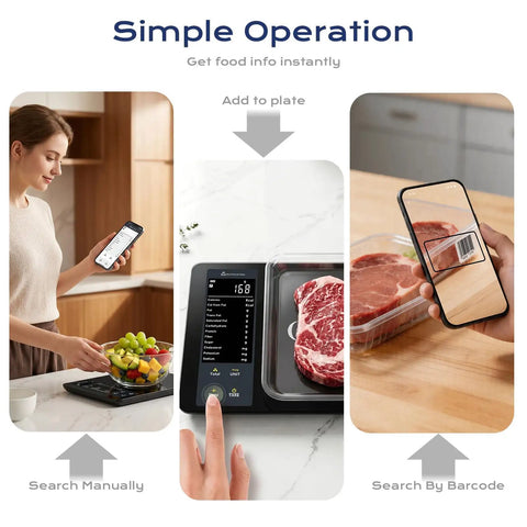 Food Scale With Nutritional Calculator For Tracking 30 Plus Nutrients Calories And Macros Bluetooth Kitchen Scale With Free App For Meal Prep Weight Loss Coffee Making And Daily Health Reports 22Lb Capacity in use demonstrating app integration and barcode search with meat and salad.