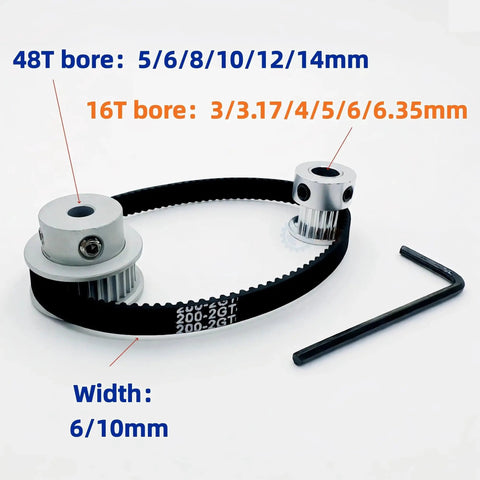 Top Tier 48 Tooth 16 Tooth 2GT Timing Belt Pulley Set With 10mm Bore Fits HTD 3M 5M 8M Belts For High Speed CNC And Smooth Machinery Power Reduction Kits That Will Make Your Build Epic, 48T 16T pulleys with belt and hex key