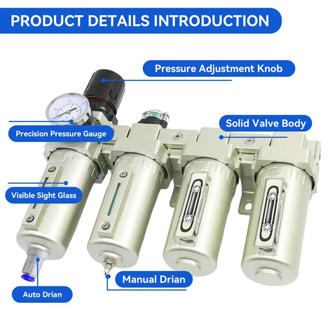Heavy Duty Half Inch Compressor Air Dryer With Four Stage Dual Filter Rig And Auto Drain Valve To Crush Humidity and keep your air tools singing sweet all season long Pro Shop Grade Quality with pressure gauge.