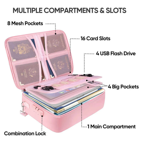 Fireproof Document Box With Lock Portable Waterproof File Organizer For Important Papers 15 By 11 By 4 Inches Pink SGS Certified Fireproof Up To Two Thousand Two Hundred Degrees Fahrenheit Dust Proof Silicone Fiberglass Construction Boss Level Protection showing open compartments.