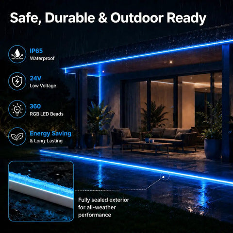 RGB Neon Rope Lights Sixteen Point Four Feet With 360 LEDs 24V Side Emitting LED Strip Lights illuminating a patio at night
