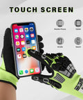 All Purpose A5 Cut Resistant Work Gloves For Men And Women With Rugged Grip And Impact Protection, shown touching smartphone screen.