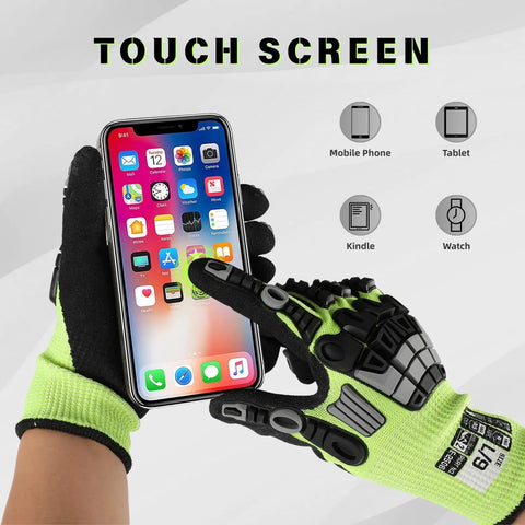 All Purpose A5 Cut Resistant Work Gloves For Men And Women With Rugged Grip And Impact Protection, shown touching smartphone screen.