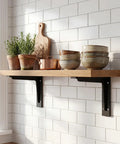 Beefy Heavy Duty L Shelf Brackets 1 Pair Matte Black Stainless Steel Floating Shelf Mounts With 9.4 13.4 Or 19.3 Inch Options, 4.2mm Thick Wall Plate For Wood Shelves Kitchen And Bedroom Storage Decor in kitchen with potted herbs and bowls.