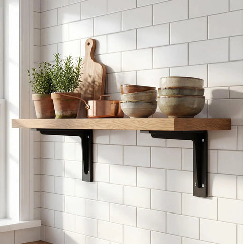 Beefy Heavy Duty L Shelf Brackets 1 Pair Matte Black Stainless Steel Floating Shelf Mounts With 9.4 13.4 Or 19.3 Inch Options, 4.2mm Thick Wall Plate For Wood Shelves Kitchen And Bedroom Storage Decor in kitchen with potted herbs and bowls.