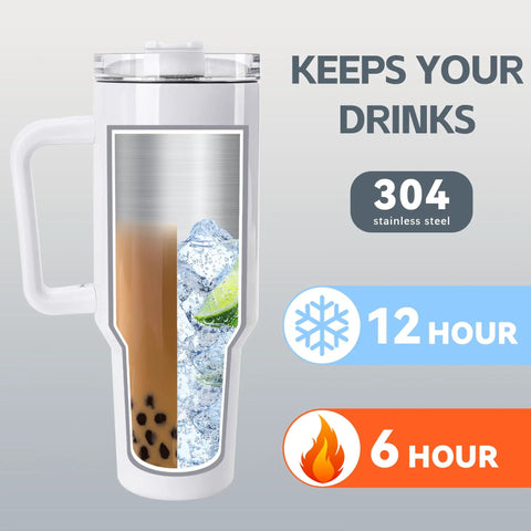 8 Pack 40 Oz Sublimation Tumblers With Handle Stainless Steel Blank Insulated Travel Mugs Showing Ice and Hot Liquid Retention