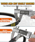 Go Kart Drive Belt 30 Series Replacement 9.100.018-725 3 Pack measurement details showing thickness and width with calipers