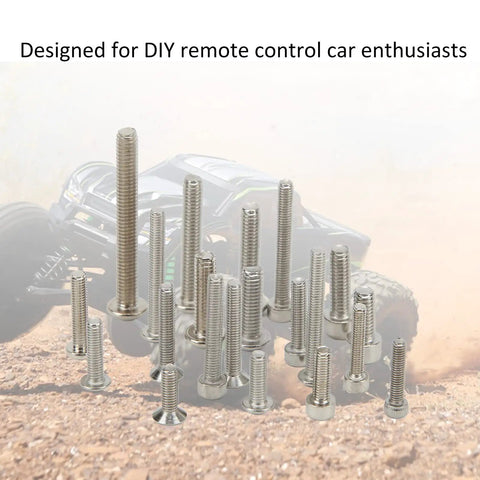 RC Car Screw Kit 451Pcs Stainless Steel Fastener Set For One Fifth Scale 6S 8S RC Cars And Trucks Pro Grade Upgrade Durable Rustproof Hardware In Clear Storage Box For Easy Carry And Precise Fit screws displayed with RC car