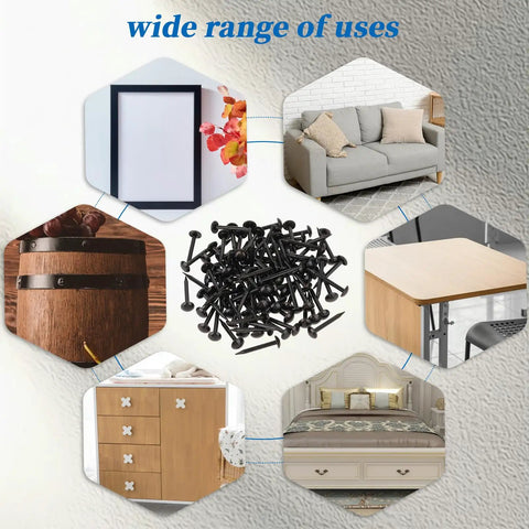 Kickass Black Upholstery Nails And Thumb Tacks Hella Durable Round Head Metal Finishing Hardware for reupholstering displayed with home decor.