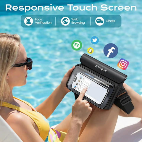 Woman using Go-To IPX8 Waterproof Fanny Pack For Women Up To 8.5 Inches Floating Phone Pouch Dry Bag by poolside