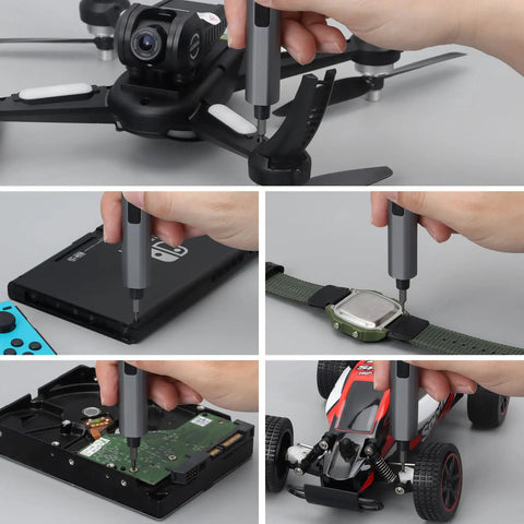 Mini Electric Screwdriver Kit 29 In 1 with 24 Magnetic Bits used on drone, gaming console, watch, motherboard, and toy car