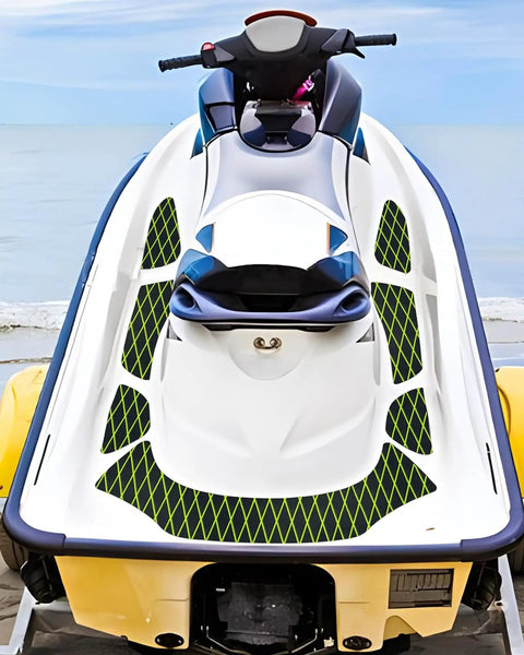 Jet ski deck featuring EVA Foam Boat Flooring Decking Sheet 6mm Thick Diamond Grippy Anti Slip Marine Mat, black and green design.