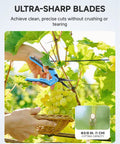 Person using 6.5 Inch Garden Trimming Scissors With Nonstick Sharp Blade to prune grapevines, ergonomic grip visible.