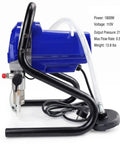 Portable 1800 Watt Airless Paint Sprayer Delivers 2175 Psi High Pressure for Smooth Atomization, side view showing blue motor and tubing.
