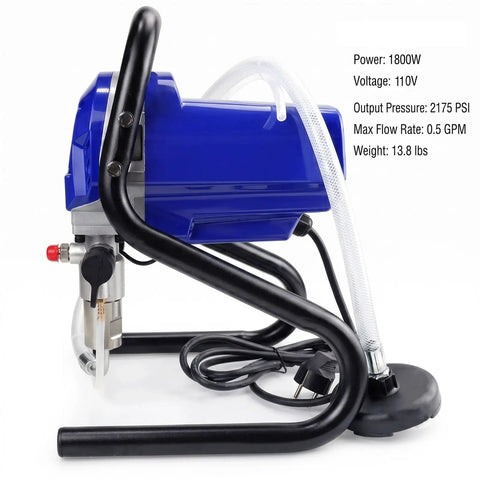 Portable 1800 Watt Airless Paint Sprayer Delivers 2175 Psi High Pressure for Smooth Atomization, side view showing blue motor and tubing.