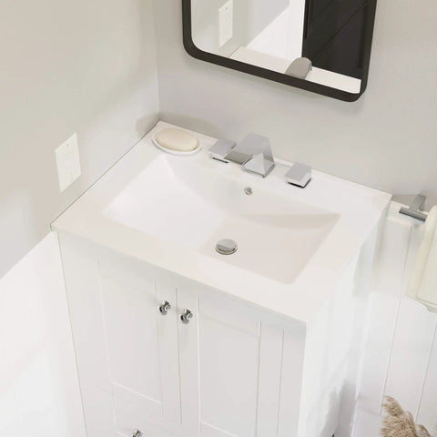24 Inch Ceramic Vanity Top Sink With Three Faucet Holes, Top Mount Bowl, Scratch Resistant Non Porous Ceramic Surface For Your Modern Bathroom Setup, Built To Last And Easy To Clean showcasing its seamless integration and glossy white finish in a modern bathroom setting.