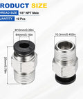 Ten Pack Push to Connect Pneumatic Fittings for 0.16 Inch OD Tubing, One Eighth NPT Male Straight Adapters, Nickel Plated Brass Quick Connect Air Fittings for Pneumatic Systems, Black showing dimensions and design.