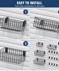 Slatwall Organization Kit With Nineteen Pieces In Seven Sizes featuring black baskets and hooks installed on white slatwall