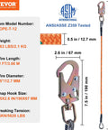 Heavy Duty Steel Core Arborist Flipline Half Inch By Twelve Foot Tree Climbing Rope With Alloy Steel Snap Hook Aluminum Carabiner Extra Tool Lanyard Pro Grade Fall Protection For Climbers ANSI Compliant, shown with specifications and dimensions.