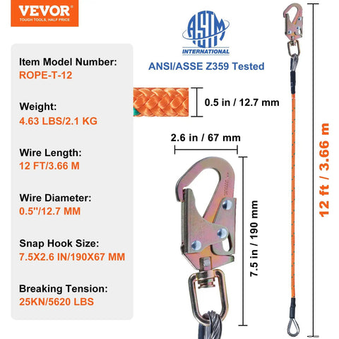 Heavy Duty Steel Core Arborist Flipline Half Inch By Twelve Foot Tree Climbing Rope With Alloy Steel Snap Hook Aluminum Carabiner Extra Tool Lanyard Pro Grade Fall Protection For Climbers ANSI Compliant, shown with specifications and dimensions.