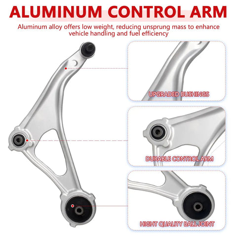 Beefed Up Front Lower Control Arm Suspension Kit For Nissan Altima 2014 To 2018 And 2013 Altima 4 Door 2016 To 2023 Maxima With Ball Joint Includes 2 Sway Bar Links 4 Outer And Inner Tie Rod Ends Direct OE Style Replacement aluminum control arm with upgraded bushings and ball joint