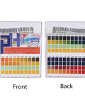 PH Test Strips 0-14 With 0.5 Accuracy, 100 Count, front and back view of color chart for drinking water, food, pools, and aquariums.