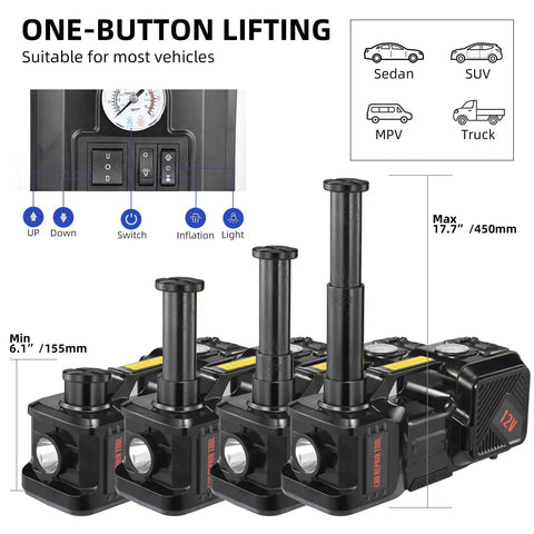 5 Ton Electric Floor Jack Kit With Inflator Pump And LED Light, 12V Portable Hydraulic Car Jack showcasing lifting height and controls
