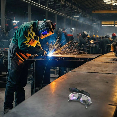 Heavy Duty Wrap Around Safety Glasses For Welding And Grinding With Impact Resistant Polycarbonate Lenses on a workbench in a welding shop.