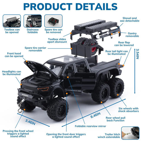 Diagram of 1/24 Diecast Pickup Truck Toy With Light And Sound, Pull Back Action Metal Truck, detailing features and measurements.