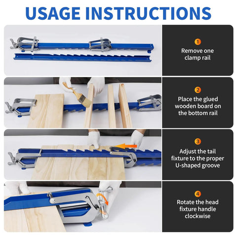 Four Way Glue Up Clamps Keep Boards Dead Flat, 40.5 Inch Panel Clamps shown in usage instructions for glue-up process.
