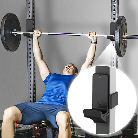 Man bench pressing with Bottom Reinforced J Hooks For 2x2 Power Rack With 5/8 Or 1 Inch Holes Rubber Pads And Beefed Up Heavy Duty Attachments