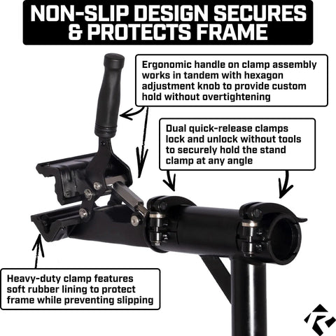 Close-up of Heavy Duty E Bike Repair Stand showing clamp and handle details, highlighting ergonomic and non-slip design features.