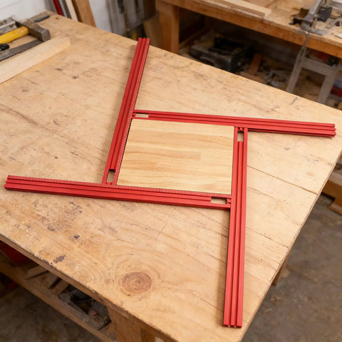 Heavy Duty Adjustable Router Jig For Cutting Boards on a workbench with red aluminum frame and wooden base.