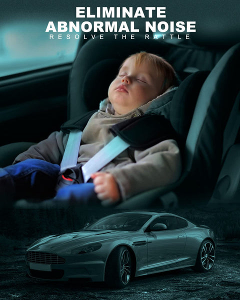Sleeping baby in car seat above luxury car, focus on quiet ride experience with front pair strut assembly and shock absorbers.