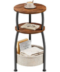 3 Tier Round Side Table With Storage Basket 24 Inch Tall Rustic Brown Space Saving End Table For Tight Spaces Sofa Side Table Or Nightstand