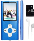 Blue 16GB Portable MP3 Player With Video, Voice Recorder, FM Radio, 1.8 Inch LCD, memory card, and white earphones.
