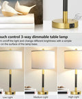 Pair of Table Lamps for Living Room and Bedroom, 3-Way Dimmable Touch Control, USB Ports, Modern Gold Nightstand Lamps with White Fabric Shades, LED Bulbs Included, Ideal Bedroom Decor Lighting. Display shows dimming features from low to high.