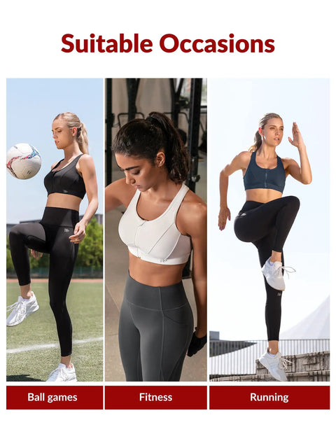 Women wearing Zip Front High Impact Sports Bra For Gals Plus Size XL Haze Blue during ball games, fitness, and running activities.