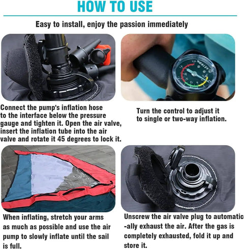 Instruction manual for 4.2 Sq M Inflatable Surfing Wing for Windsurf Foil Sailing setup, illustrating pump usage and inflation steps.