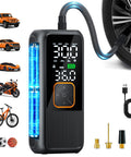 Portable Tire Inflator Air Pump With 150 PSI Rechargeable Cordless Power Digital Pressure Gauge LED Light Auto Shut Off Fast Inflation For Cars Motorcycles Bikes And Balls On The Go, showing digital display and accessories