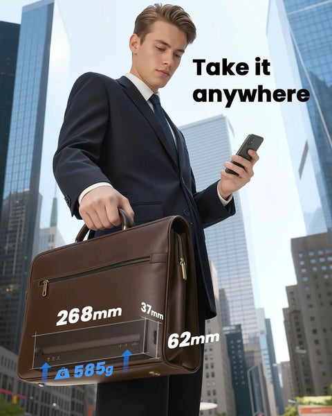 No Brainer Wireless Thermal Printer That Spits Crisp Eight By Eleven Docs Straight From Your Phone Without Inky Mess Sweet For Road Warriors And Campus Crews Needing Fast Prints On The Fly with dimensions in a brown leather bag.