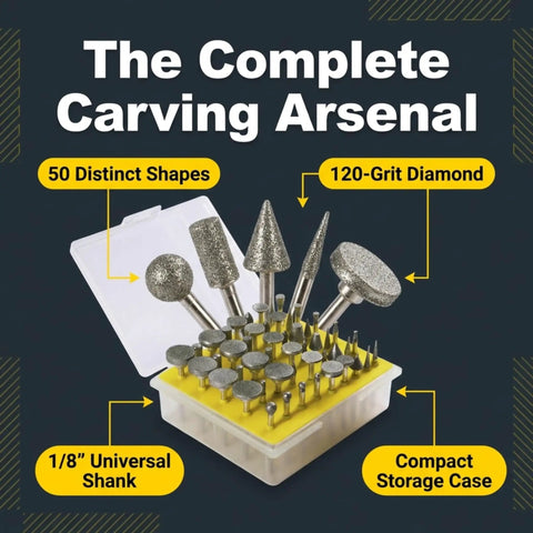 50 Piece Diamond Rotary Tool Bits Set Pro Grade DIY Friendly With 120 Grit Burrs For Carving Engraving Grinding And Polishing, One Eighth Inch Shank, Dremel Compatible, Ideal For Stone Rock Glass Ceramic Projects
