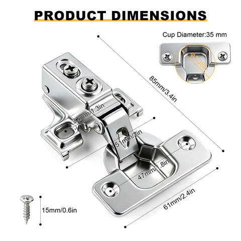 Four Pack Soft Close Cabinet Hinges, No Squeak, 1/2 Inch Overlay, Concealed Cup Hinges With 105 Degree Opening product dimensions